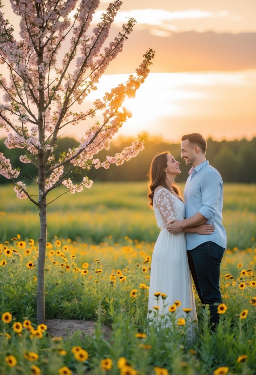 A couple standing beside a blooming tree, surrounded by a field of wildflowers, with the sun setting in the background