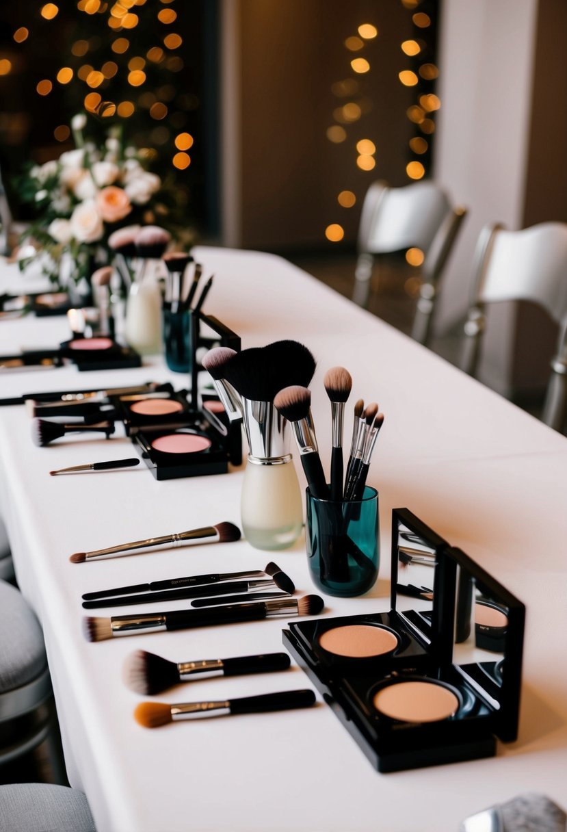 A table with elegant makeup products and brushes arranged for a wedding guest