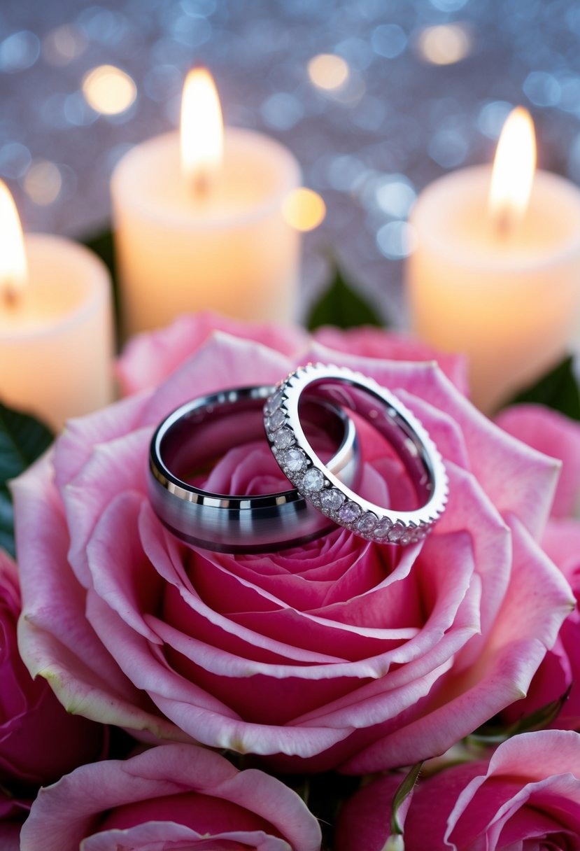 Two intertwined rings on a bed of roses, surrounded by soft candlelight