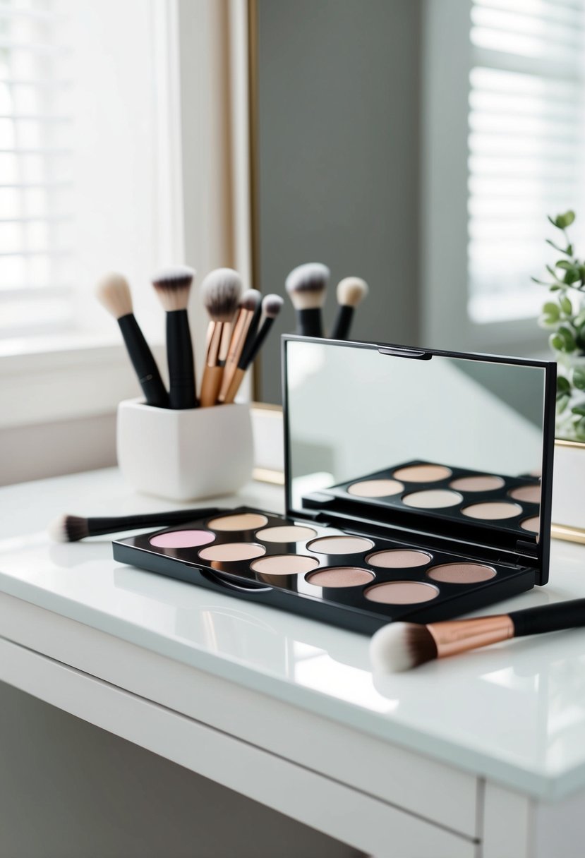 A makeup palette with soft, neutral shades and a few brushes on a clean, white vanity table