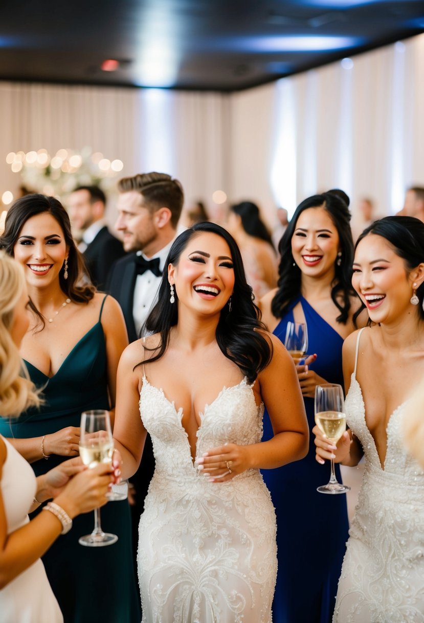 A group of elegantly dressed wedding guests with radiant, celebrity-inspired glow makeup, mingling and laughing at a glamorous reception