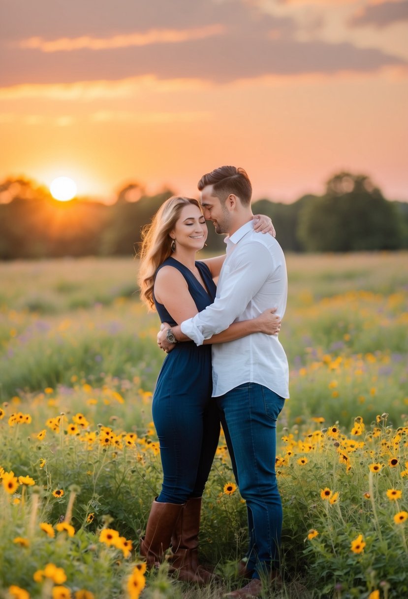 A couple standing in a field of wildflowers, surrounded by the warm glow of the setting sun, embracing each other with tender affection