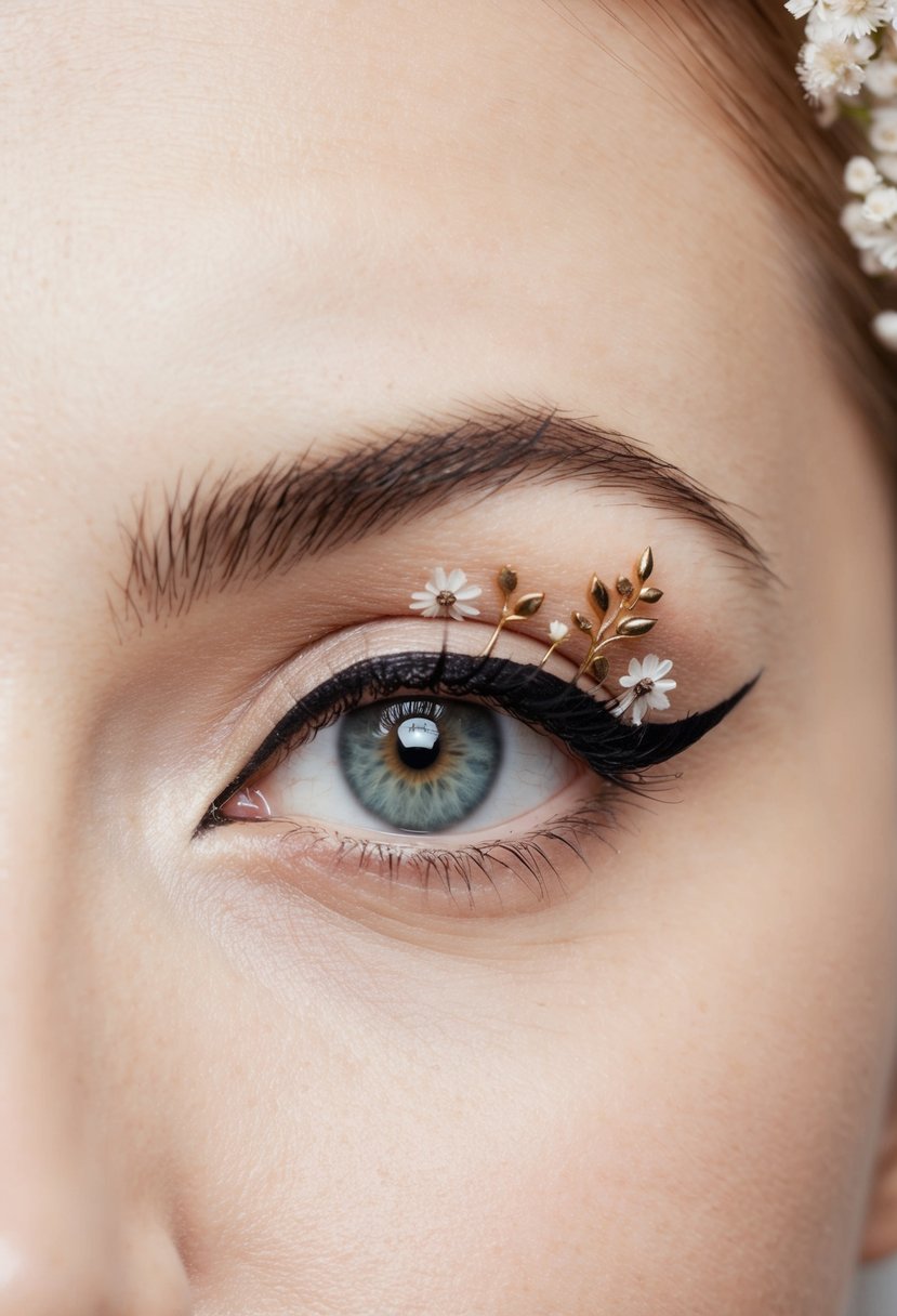 A close-up of an eye with a classic eyeliner flick, adorned with delicate floral accents, against a soft, neutral background