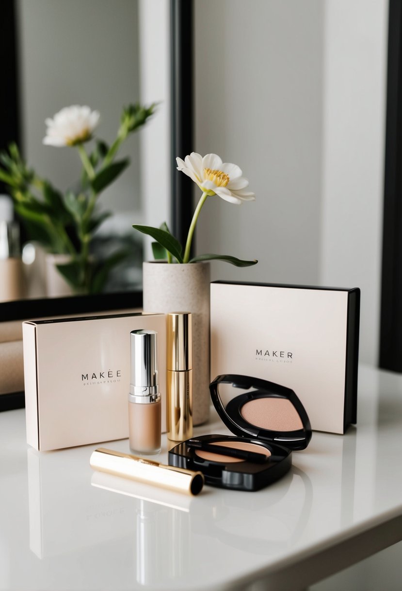 A clean, modern makeup set-up with neutral tones and sleek packaging, accented by a single elegant flower