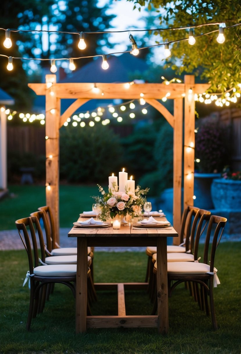 A cozy backyard with twinkling lights, a rustic wooden arch, and a table adorned with flowers and candles for an intimate home wedding