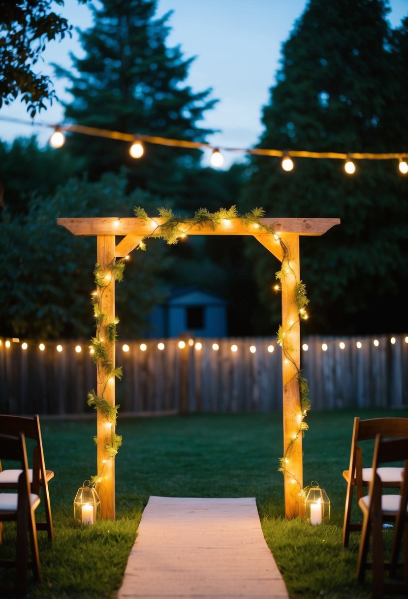 Fairy lights twinkle around a rustic wooden arch, casting a warm glow on an intimate backyard wedding setup