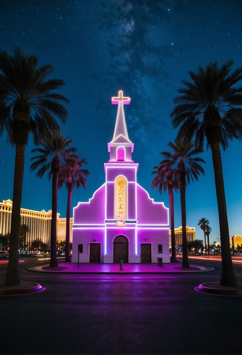 A neon-lit chapel in the heart of the Las Vegas strip, surrounded by palm trees and a starry night sky