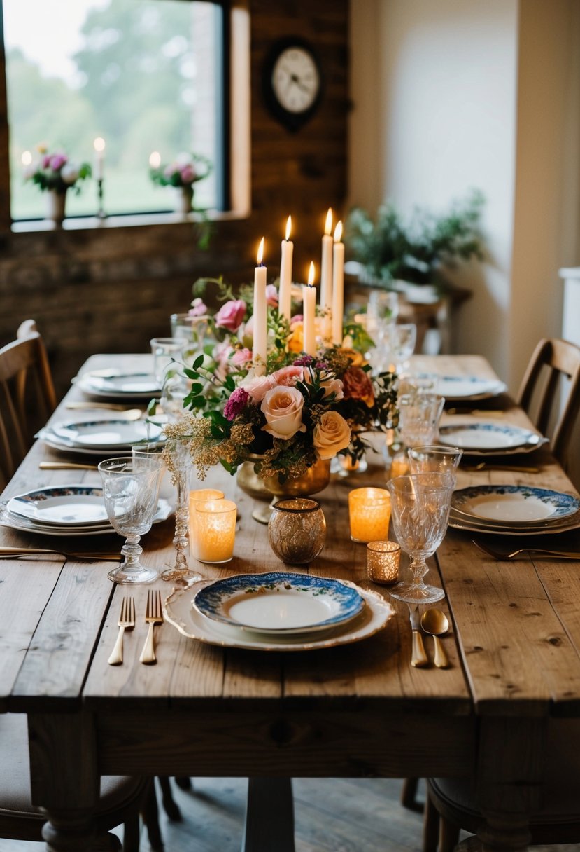 A rustic wooden table set with mismatched vintage china, floral centerpieces, and flickering candlelight for a charming home wedding tablescape