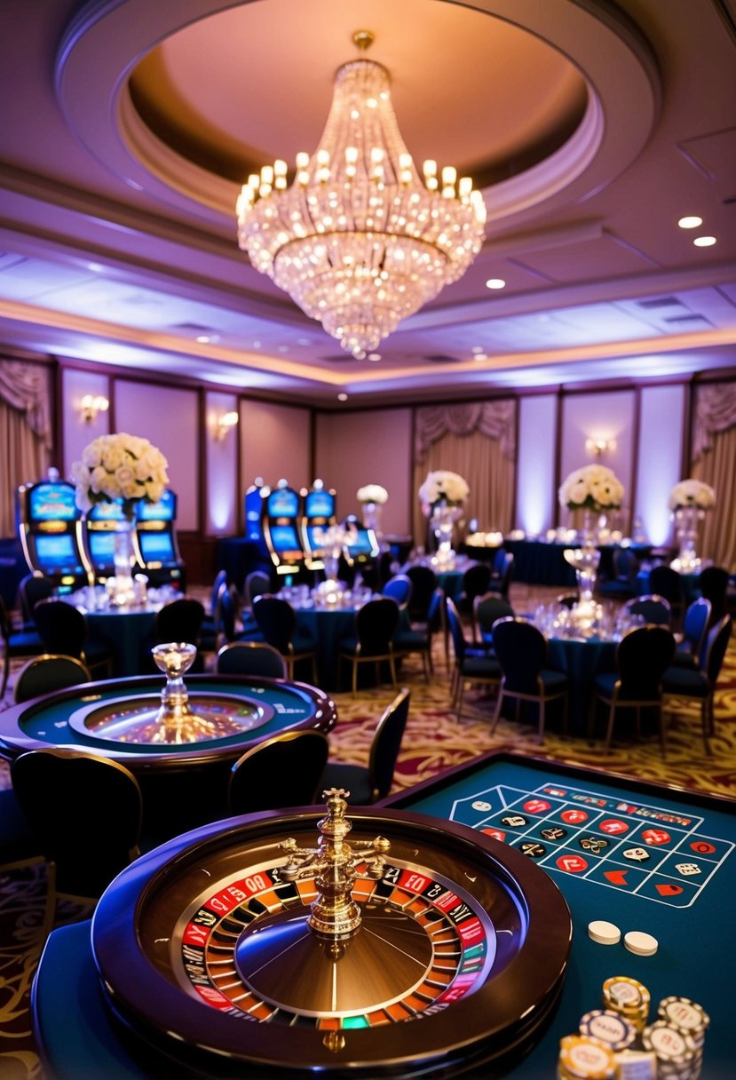 A lavish casino-themed wedding reception with roulette tables, slot machines, and elegant decor reminiscent of the iconic Casino Royale film