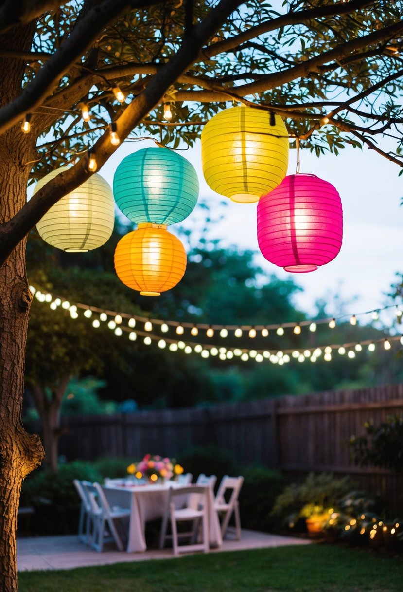 A cozy backyard with string lights and colorful paper lanterns hanging from tree branches, creating a whimsical and romantic atmosphere for a home wedding