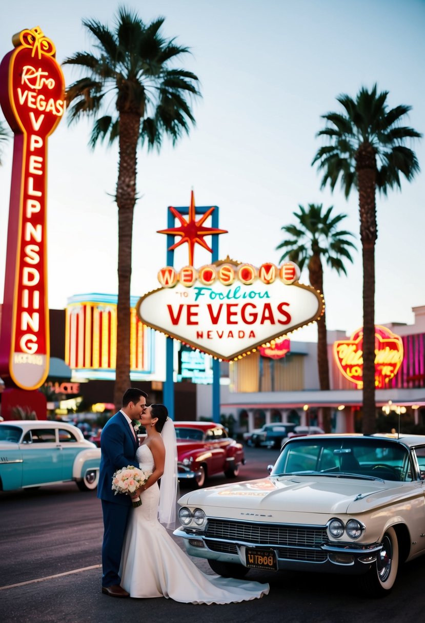 A retro Vegas wedding scene with neon signs, palm trees, and vintage cars