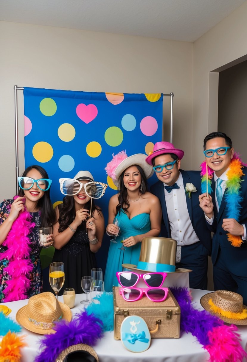 A photo booth with colorful backdrops and a variety of fun props, such as oversized glasses, hats, and feather boas, is set up for a home wedding celebration