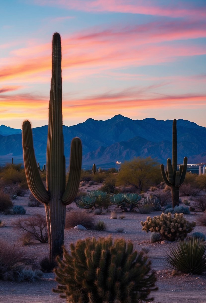 A desert landscape at dusk with cacti, mountains, and a colorful sky, setting the scene for a Vegas wedding