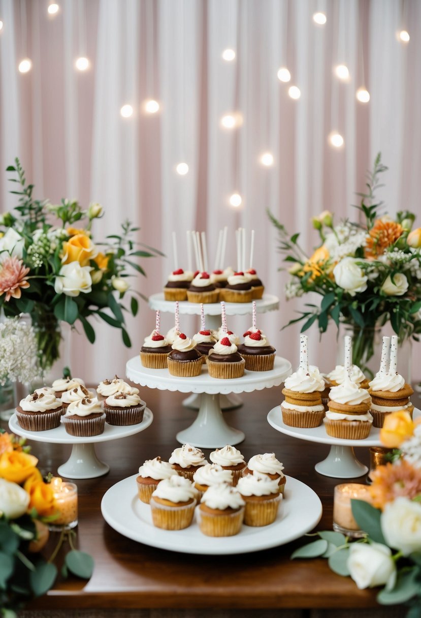 A dessert table adorned with homemade treats, surrounded by wedding decor and flowers