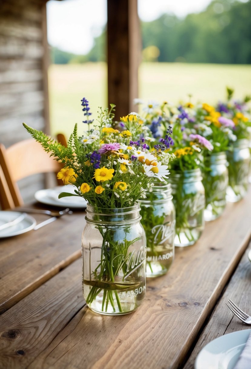 Mason jars filled with wildflowers and placed on wooden tables at a rustic home wedding