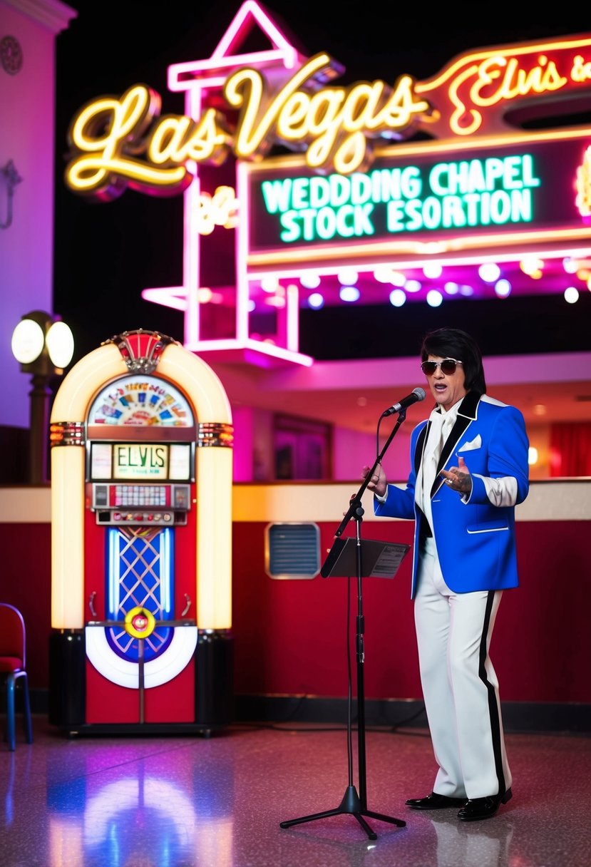 A colorful, neon-lit Las Vegas wedding chapel with a vintage rock 'n' roll vibe, complete with a retro jukebox and Elvis impersonator