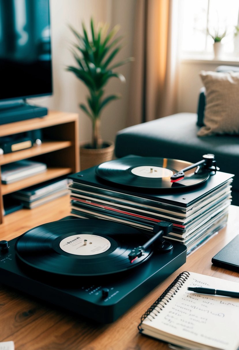 A cozy living room with a record player, a stack of vinyl records, and a notebook filled with handwritten song titles