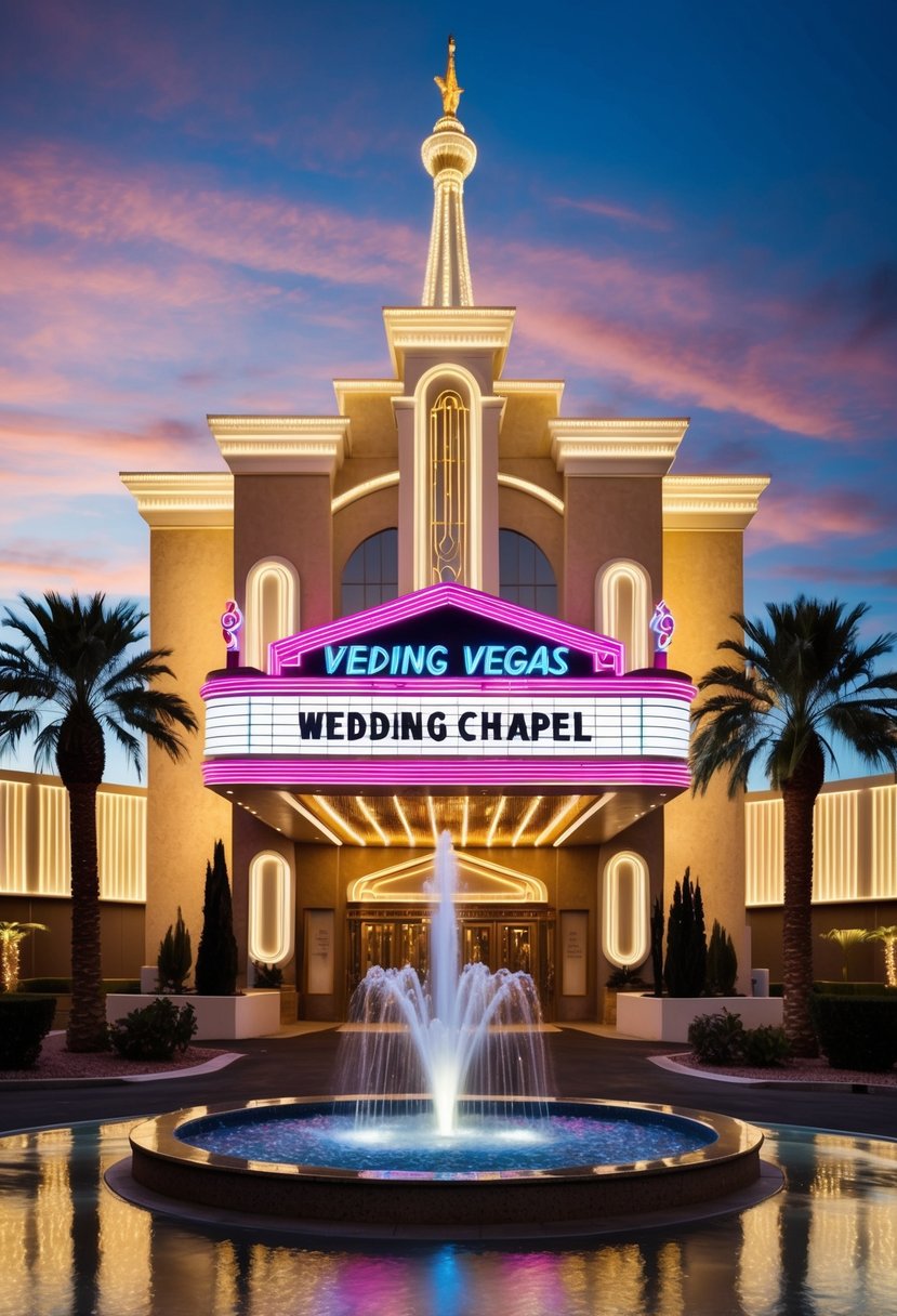 A glittering Vegas wedding chapel with neon lights and a grand marquee entrance, surrounded by palm trees and a sparkling fountain