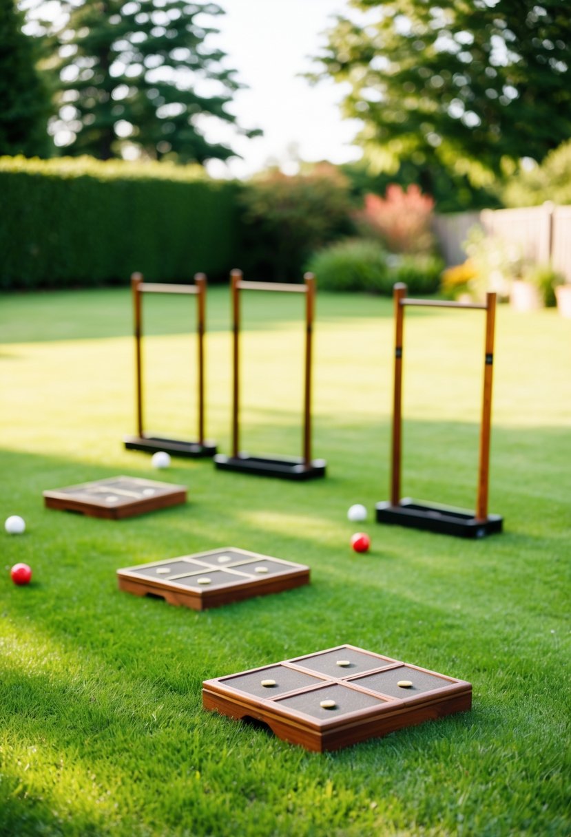 A backyard wedding with croquet and cornhole games set up on lush green grass