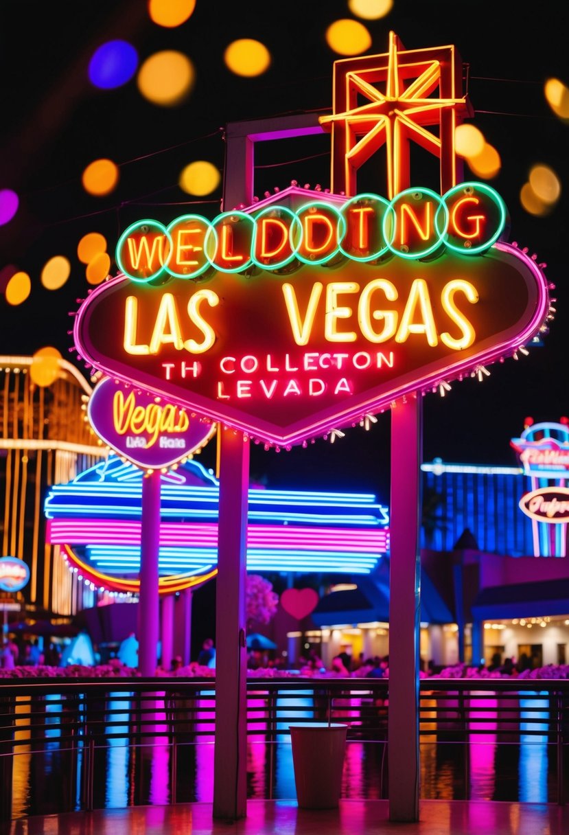 A vibrant neon sign collection illuminates an outdoor wedding venue in Las Vegas, creating a colorful and lively atmosphere for a unique and memorable celebration