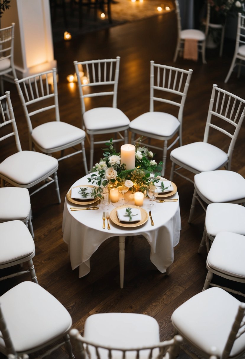 Chairs arranged in a circle around a small table with candles, flowers, and place settings for an intimate home wedding gathering