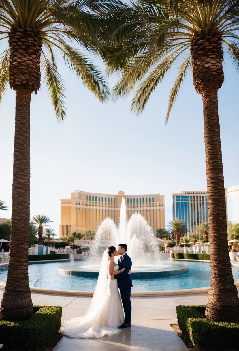 A lavish outdoor wedding at Mandalay Bay, with palm trees, a fountain, and a view of the Las Vegas strip in the background