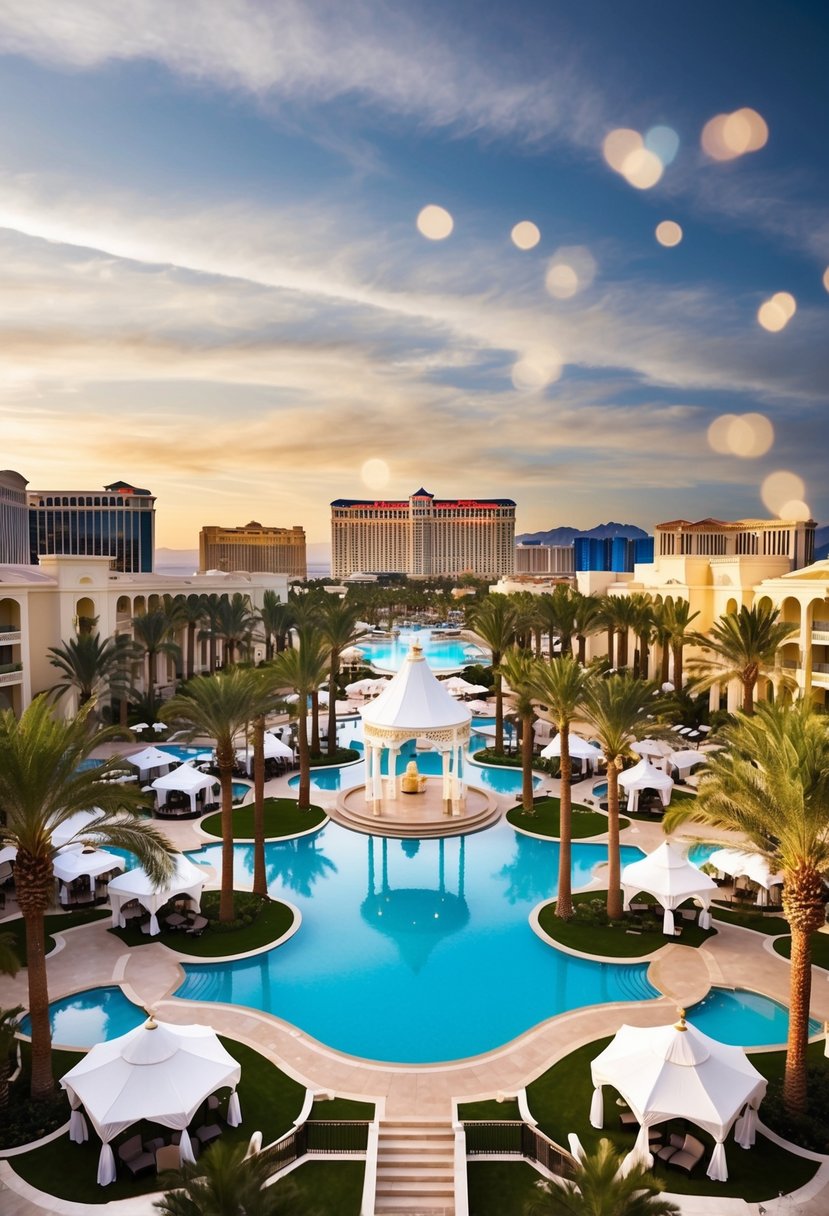 A lavish all-inclusive resort with palm trees, poolside cabanas, and a grand wedding gazebo set against the backdrop of the Las Vegas skyline