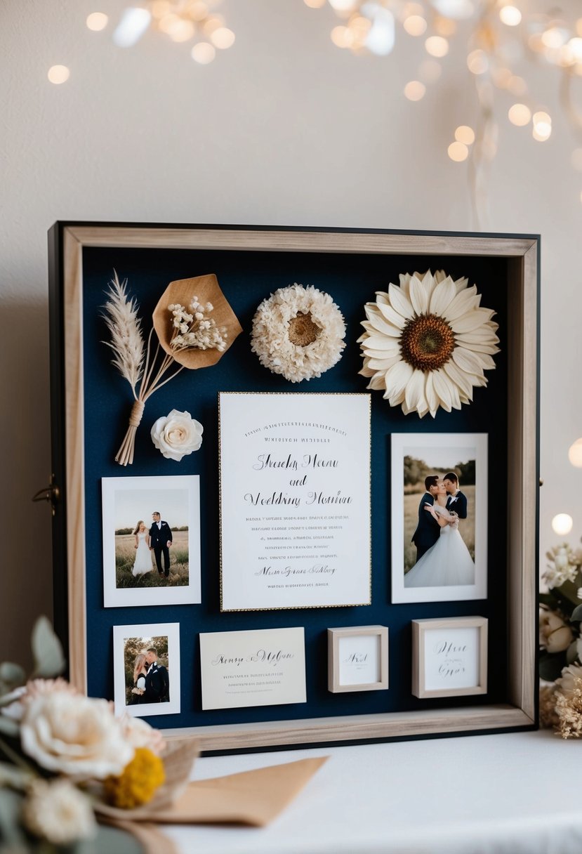 A shadow box filled with wedding mementos: dried flowers, invitation, photos, and other keepsakes arranged in a decorative display