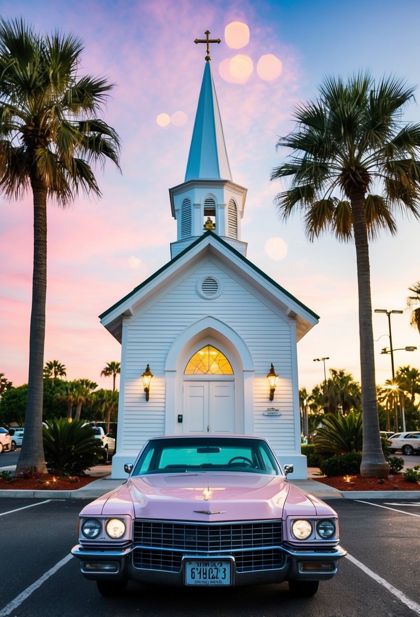 A small white chapel surrounded by palm trees and bright lights, with a pink Cadillac parked out front