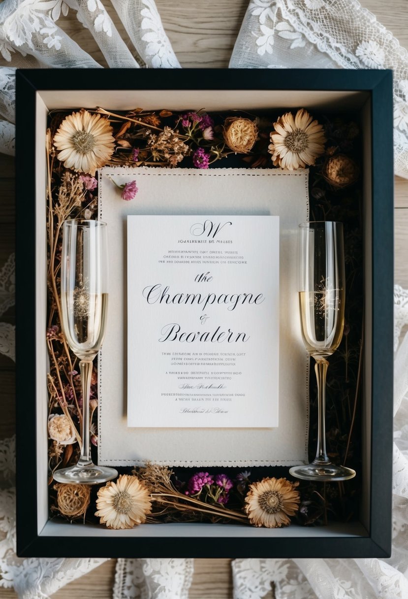 A wedding invitation surrounded by dried flowers and lace, framed in a shadow box with a pair of elegant champagne flutes