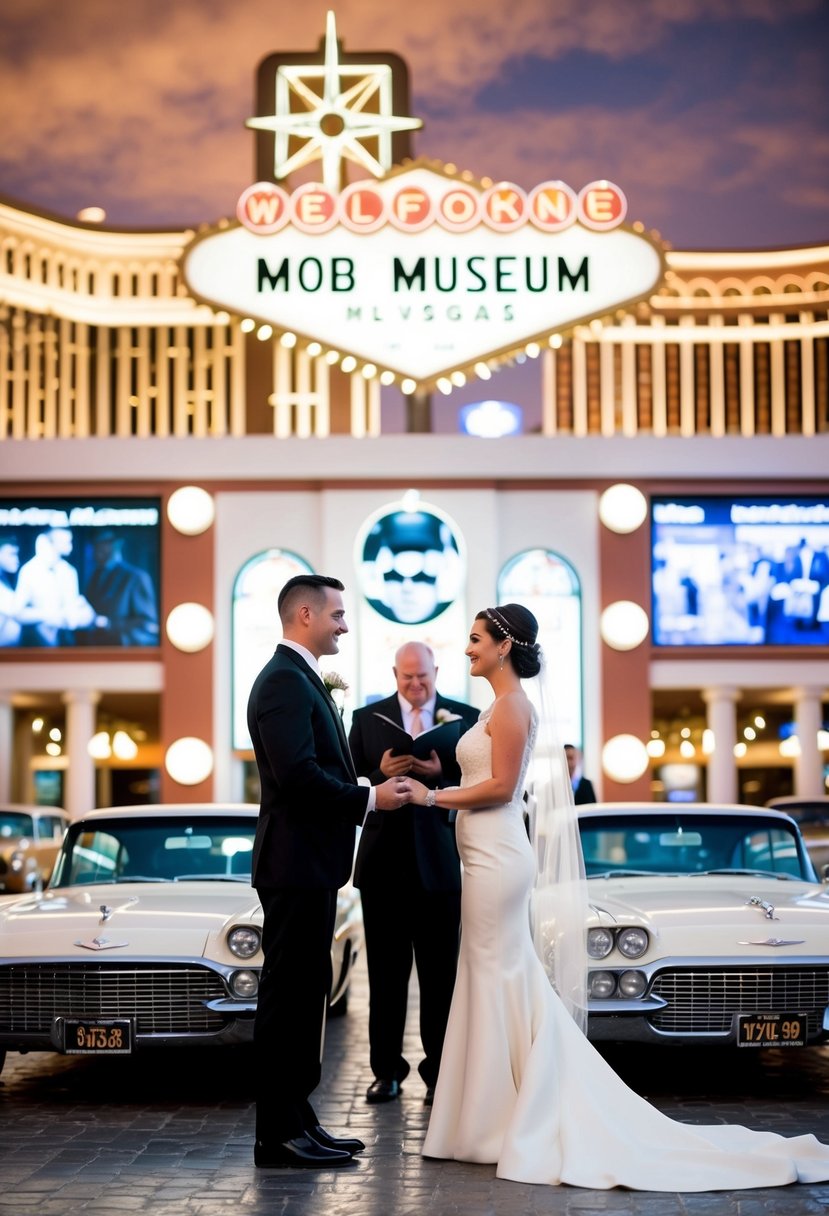 A couple exchanging vows in front of the iconic Mob Museum in Las Vegas, surrounded by vintage cars and a backdrop of city lights