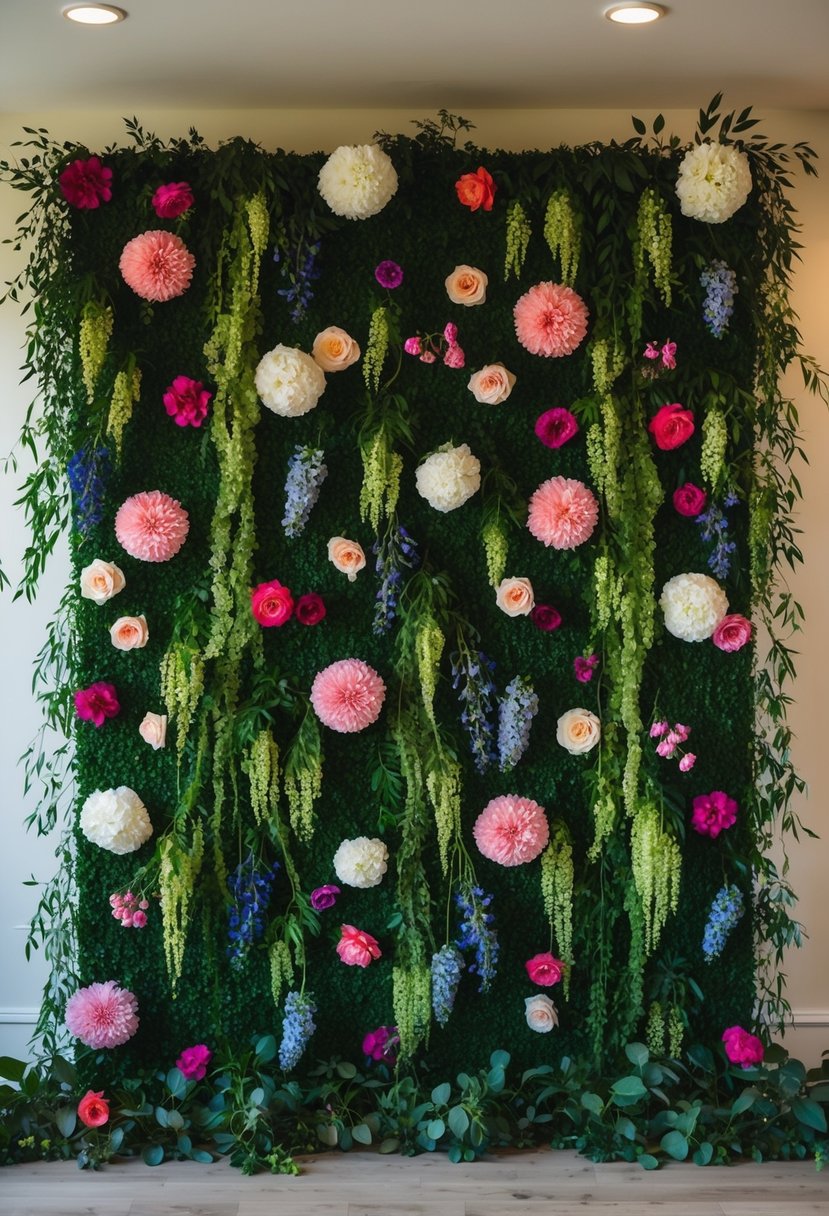 A lush flower wall with cascading greenery creates a stunning backdrop for a home wedding, featuring a mix of vibrant blooms in various sizes and colors