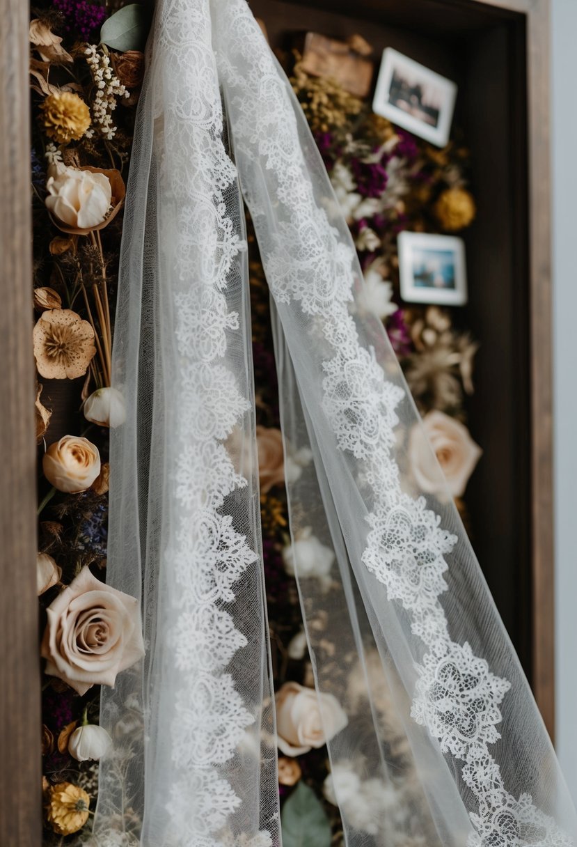 A delicate lace veil draped over a bed of dried flowers and wedding memorabilia in a shadow box