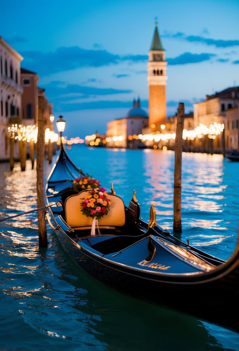 A gondola glides through a Venetian canal, adorned with flowers and ribbons, under the romantic glow of twinkling lights