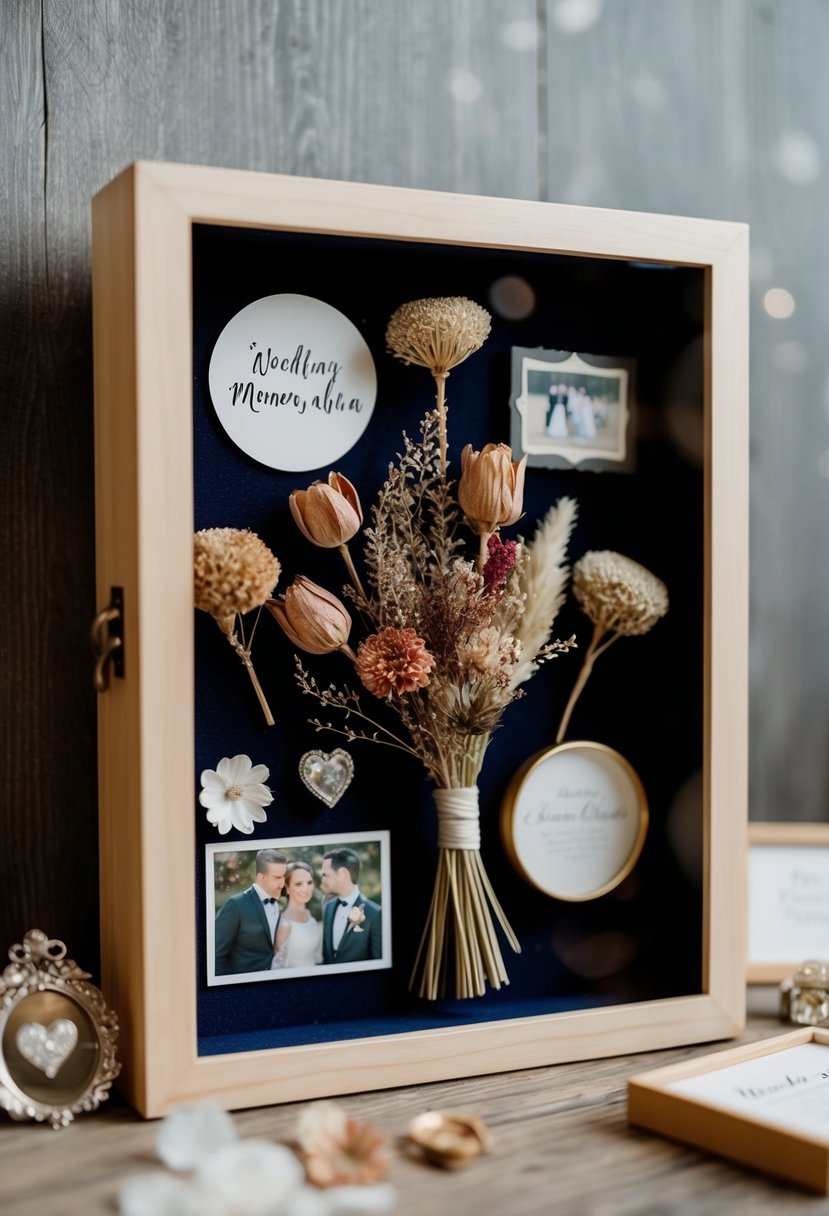 Dried flowers arranged in a shadow box with wedding memorabilia