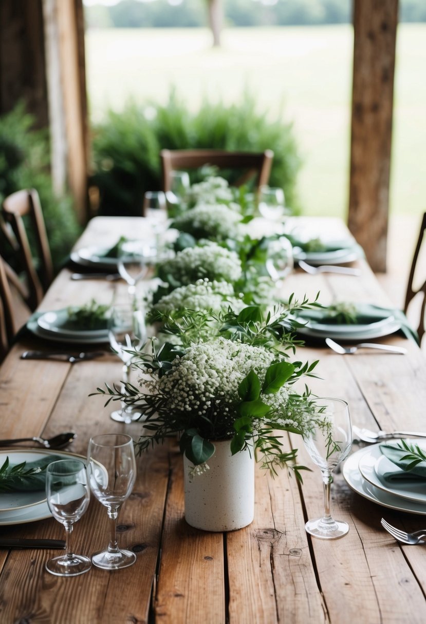 A rustic wooden table adorned with greenery and baby's breath, set for an intimate home wedding celebration