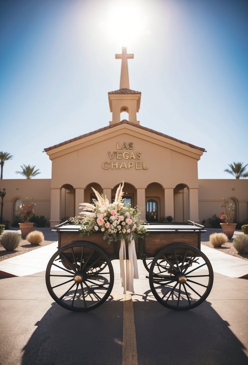 A vintage-style wedding wagon parked in front of a Las Vegas chapel, adorned with flowers and ribbons, under the bright desert sun