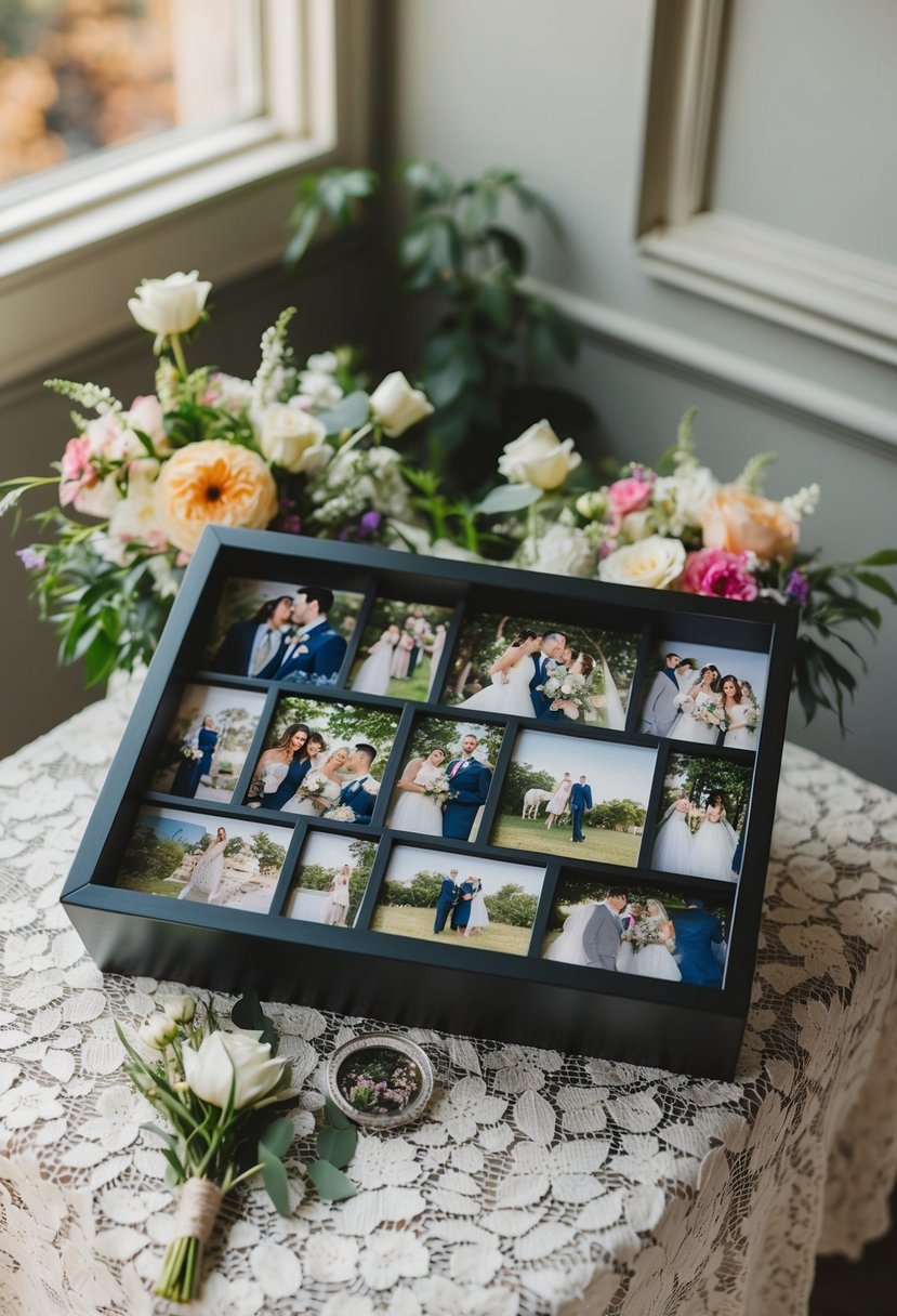 A wedding shadow box filled with candid photos, flowers, and keepsakes arranged on a vintage lace tablecloth