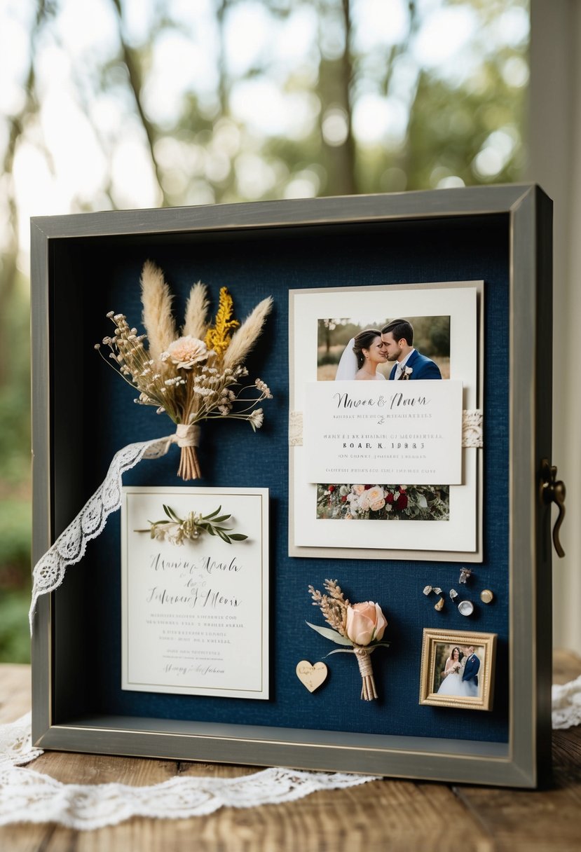 A shadow box with a wedding invitation, dried flowers, and a photo of the couple. A lace ribbon and small trinkets decorate the display