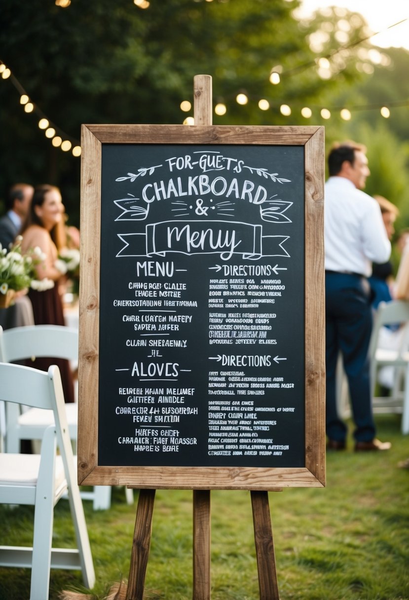 Chalkboard signs guide guests through a rustic outdoor wedding, displaying menus and directions for a cozy, homey atmosphere