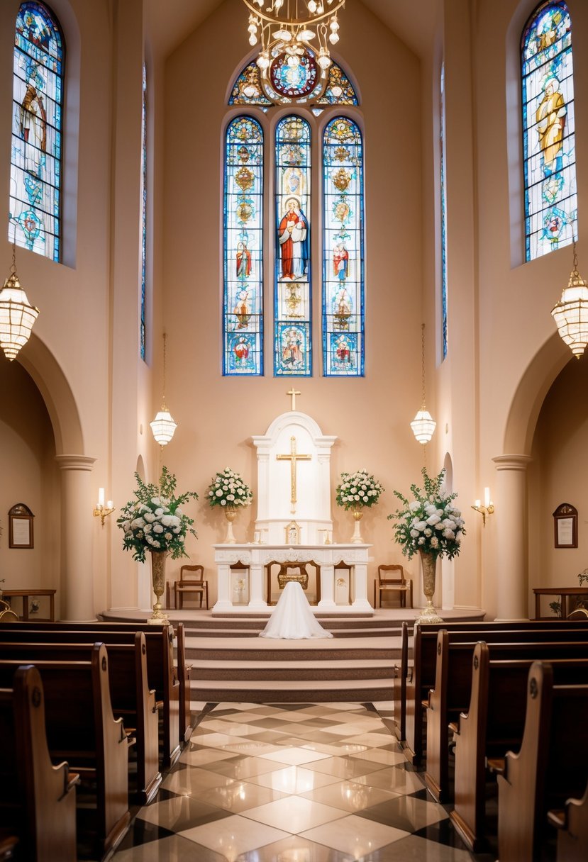 A charming chapel with ornate stained glass windows, elegant pews, and a grand altar set for a wedding ceremony in the heart of Las Vegas