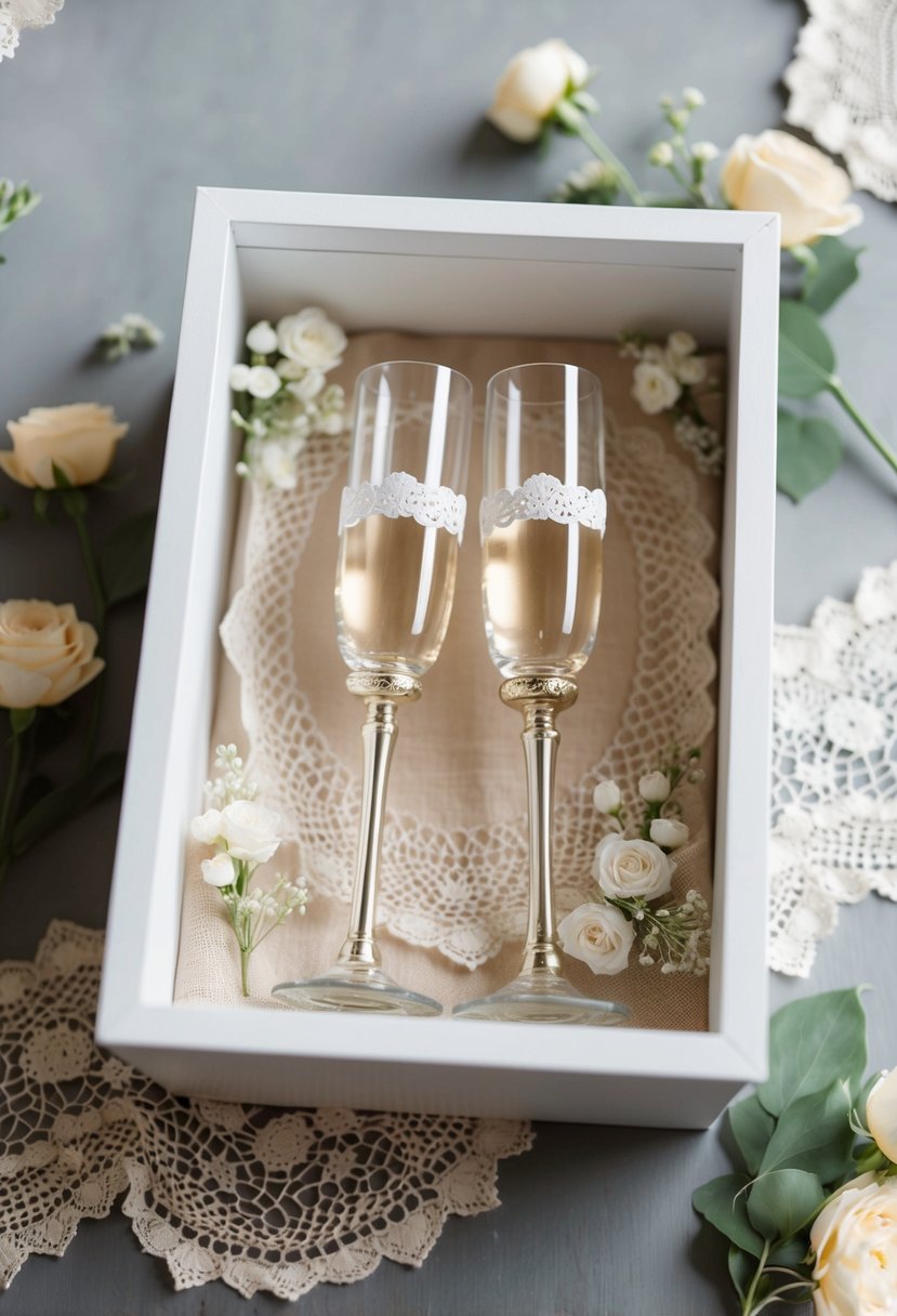 A shadow box with two elegant toasting flutes surrounded by delicate lace and floral accents