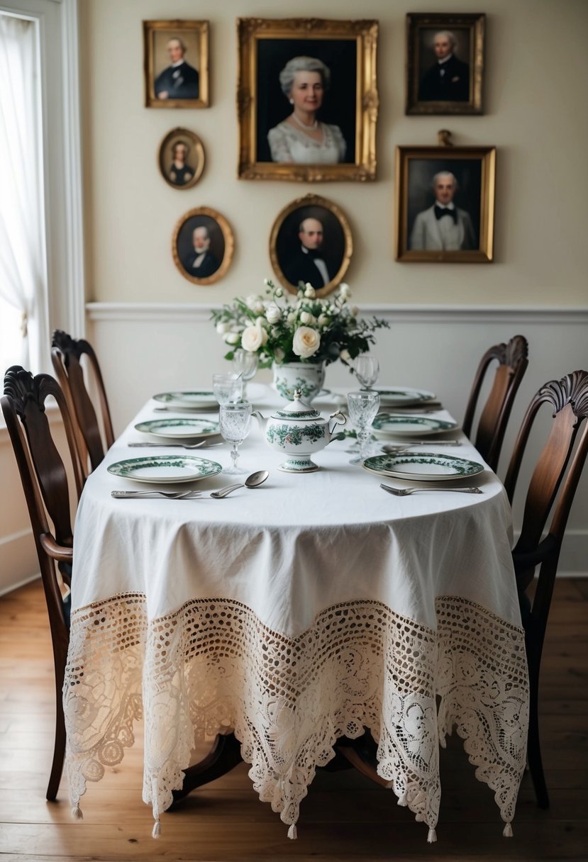 A vintage lace tablecloth drapes over a wooden table adorned with antique family china and silverware, surrounded by framed ancestral portraits