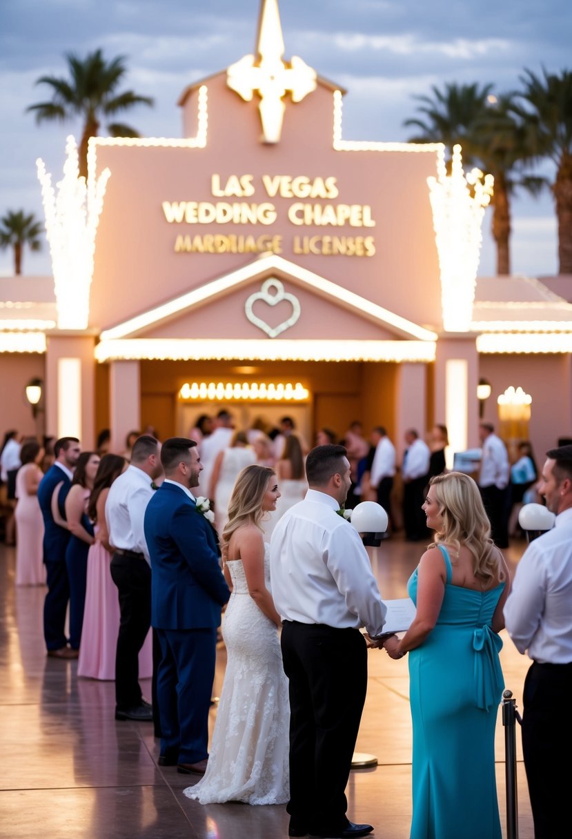 A bustling Las Vegas wedding chapel with a line of couples waiting to obtain speedy marriage licenses. Bright lights and a festive atmosphere