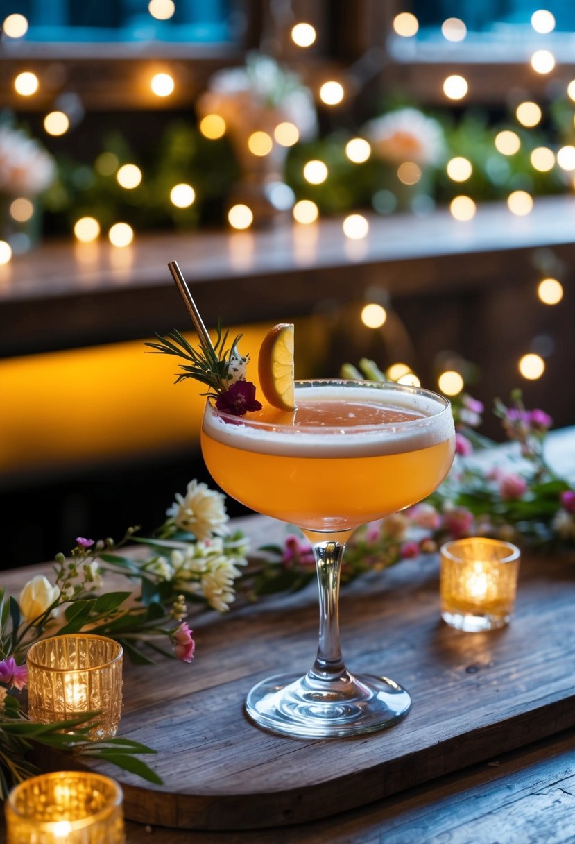 A beautifully garnished cocktail sits on a rustic wooden bar, surrounded by twinkling fairy lights and delicate floral arrangements