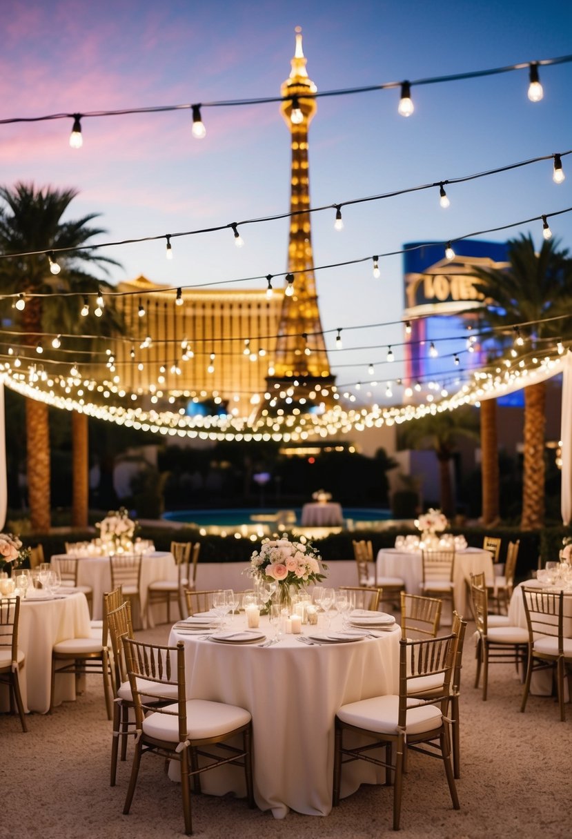 A romantic outdoor wedding venue in Vegas, with twinkling string lights, elegant seating, and a backdrop of the iconic Las Vegas skyline