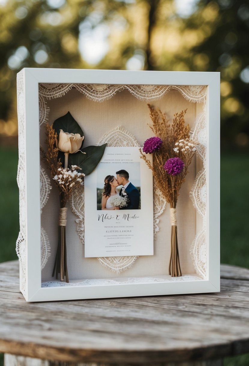 A lace fabric wedding shadow box with dried flowers, a photo, and a wedding invitation displayed inside