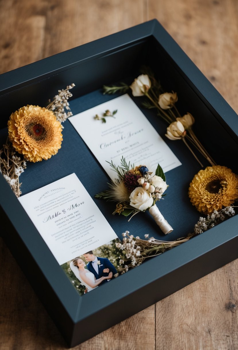 A shadow box with a groom's boutonniere, surrounded by dried flowers, wedding invitation, and a photo of the couple