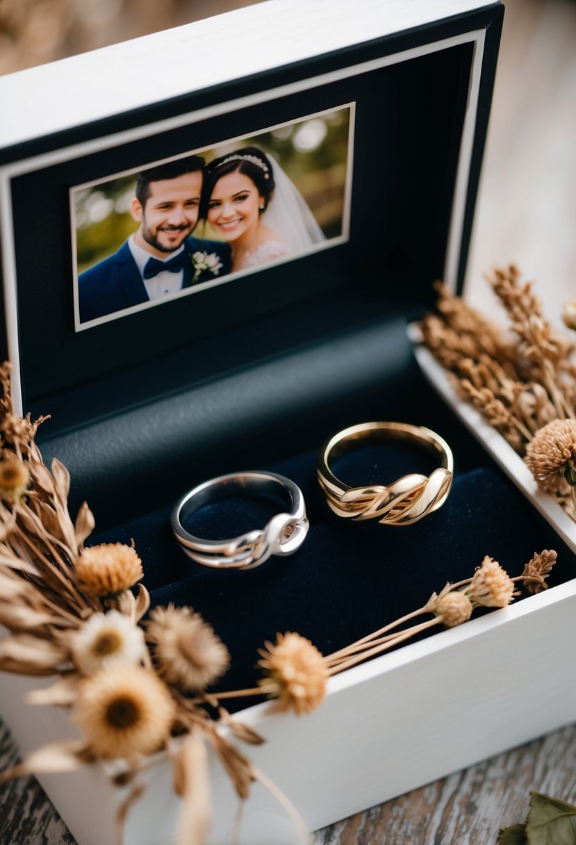 A shadow box with two intertwined replica wedding rings, surrounded by dried flowers and a photo of the couple