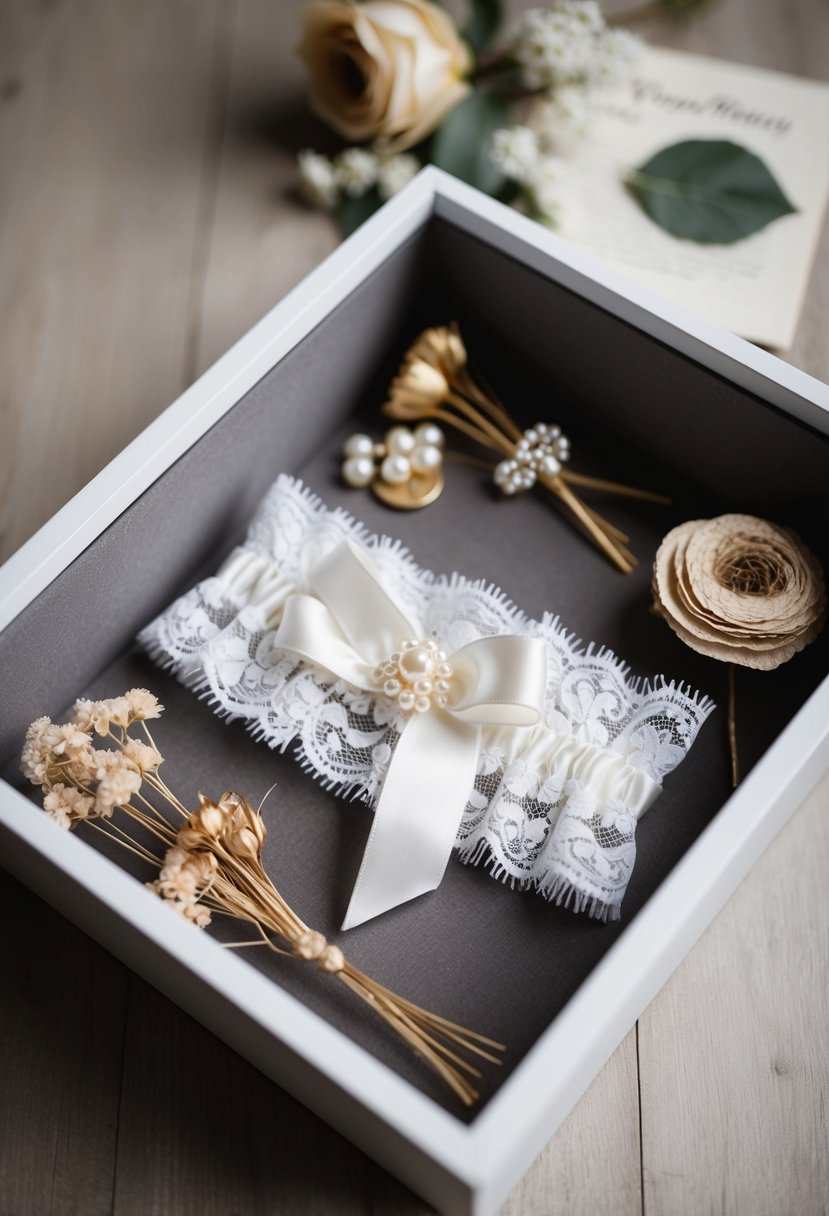 A white lace garter adorned with delicate pearls and satin ribbon, displayed in a shadow box alongside dried flowers and wedding mementos